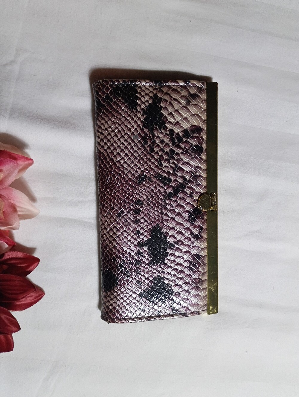 Purple Snake-Embossed Long Wallet with Gold Trim